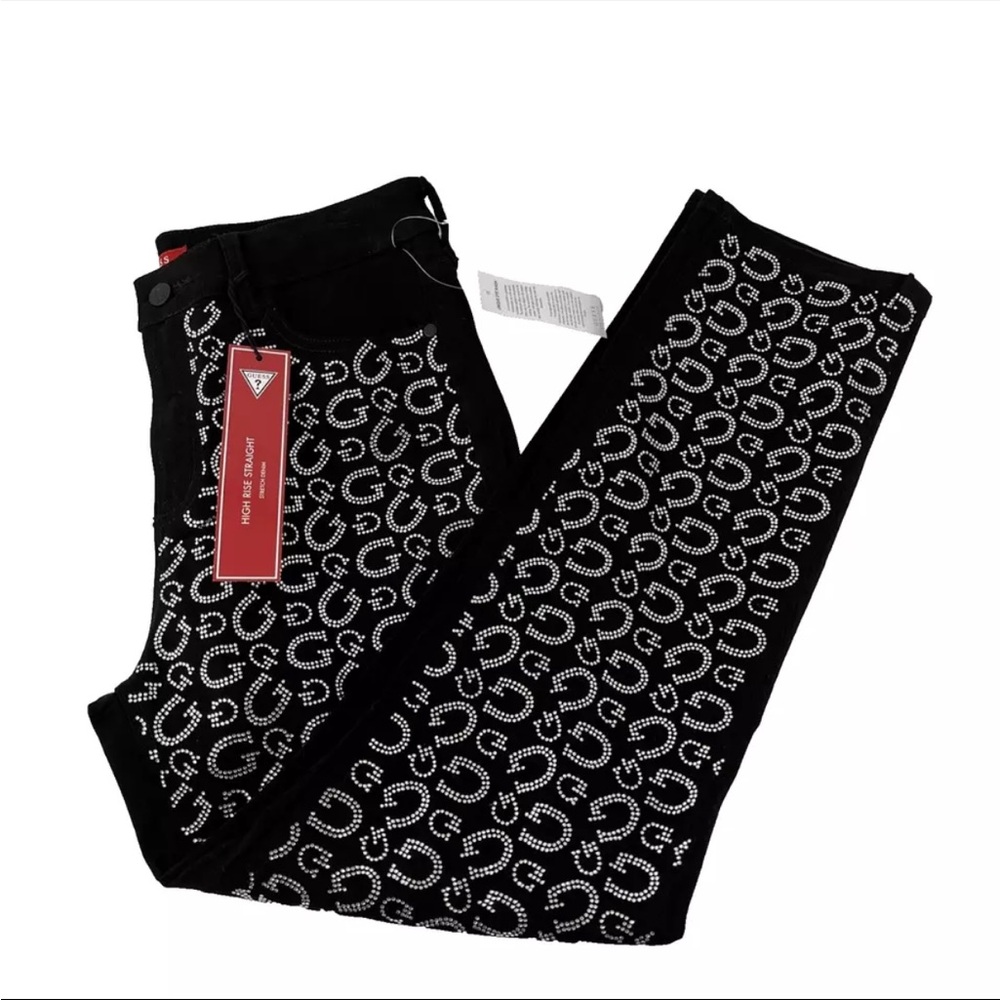Women’s Guess Girly G Stone Slim Fit High Rise Straight Black Jeans Sz 29x28 NWT